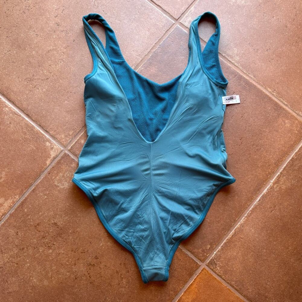 Andie Ibiza Textured Minimalist One Piece Swimsuit - Azure (Ocean Blue) size L - Picture 10 of 12